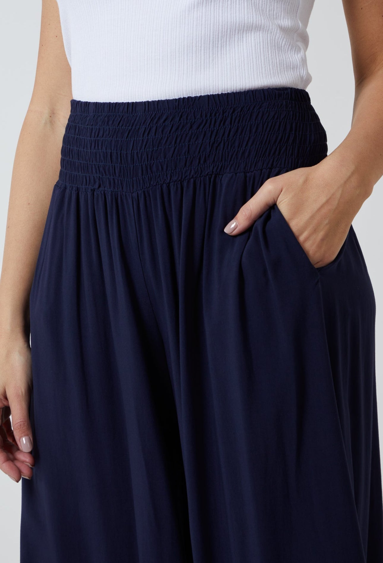 Navy deep shirred waist band, Wide leg trousers Josefina Online