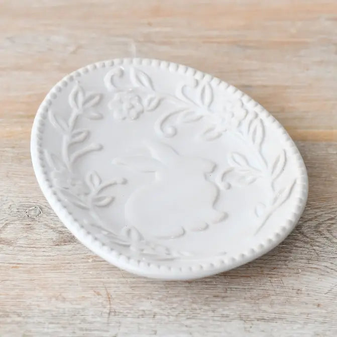 White embossed Rabbit and Flower Trinket dish