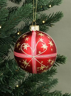 Matt Red with Gold Glitter Stars & Bow Glass Ball
