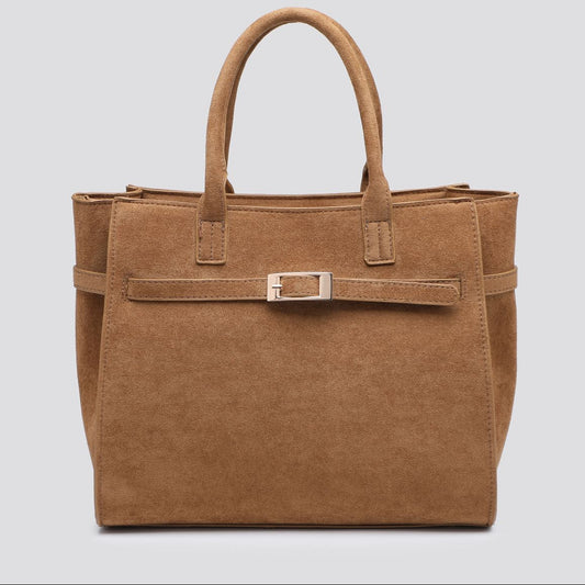 Designer Inspired handbag with gold buckle detail - Brown