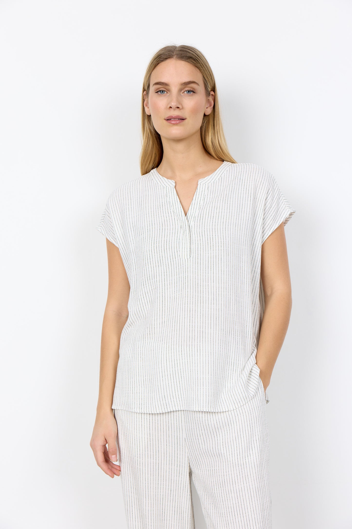 V Neck Pinstripe Top - white with Black stripe