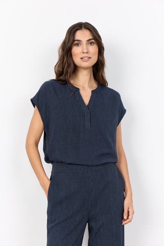 V Neck Pinstripe Top -Navy with White stripe