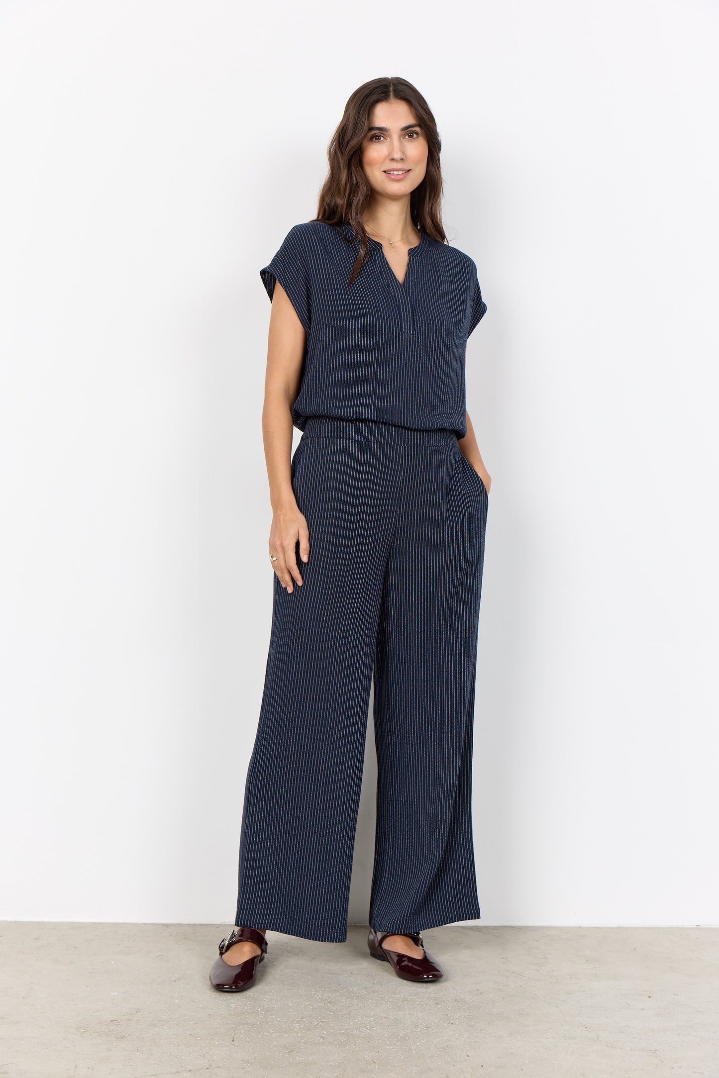 V Neck Pinstripe Top -Navy with White stripe