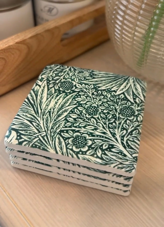 Dark Green Floral Leaves Resin Coaster. Set 4.