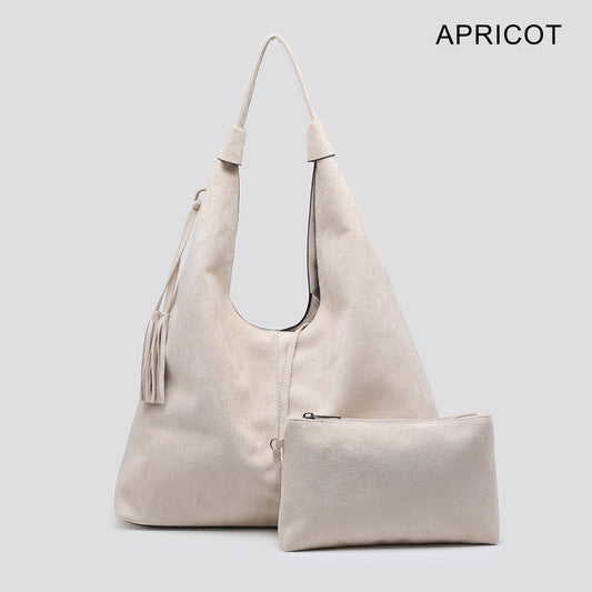 Soft Slouch Suede Bag with Matching Clutch- Apricot