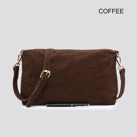 Soft Suedette Clutch Bag with Cross Body Strap - Coffee