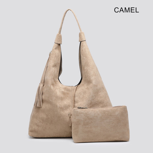 Camel-colored handbag with matching pouch on a light gray background