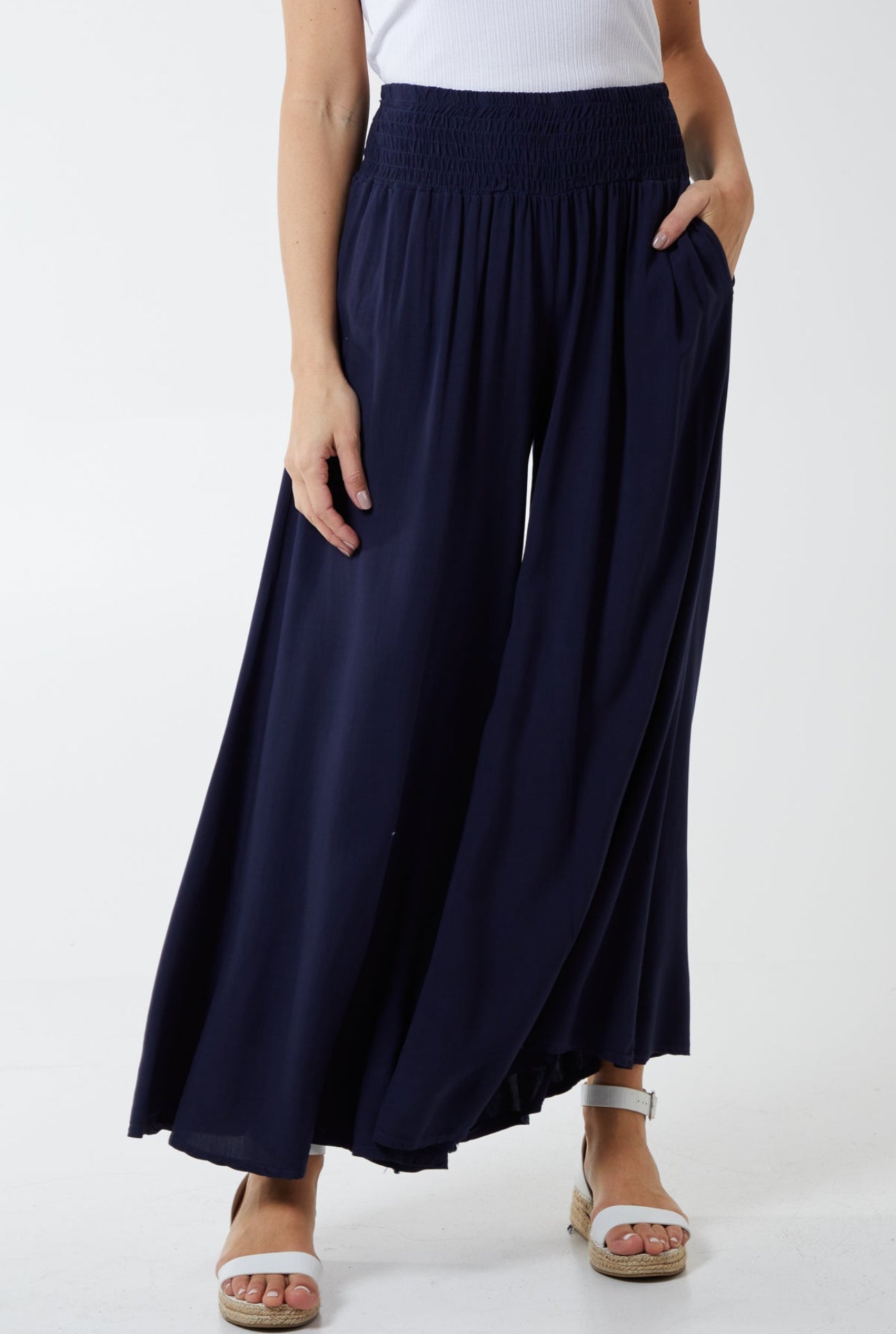 Navy deep shirred waist band, Wide leg trousers Josefina Online