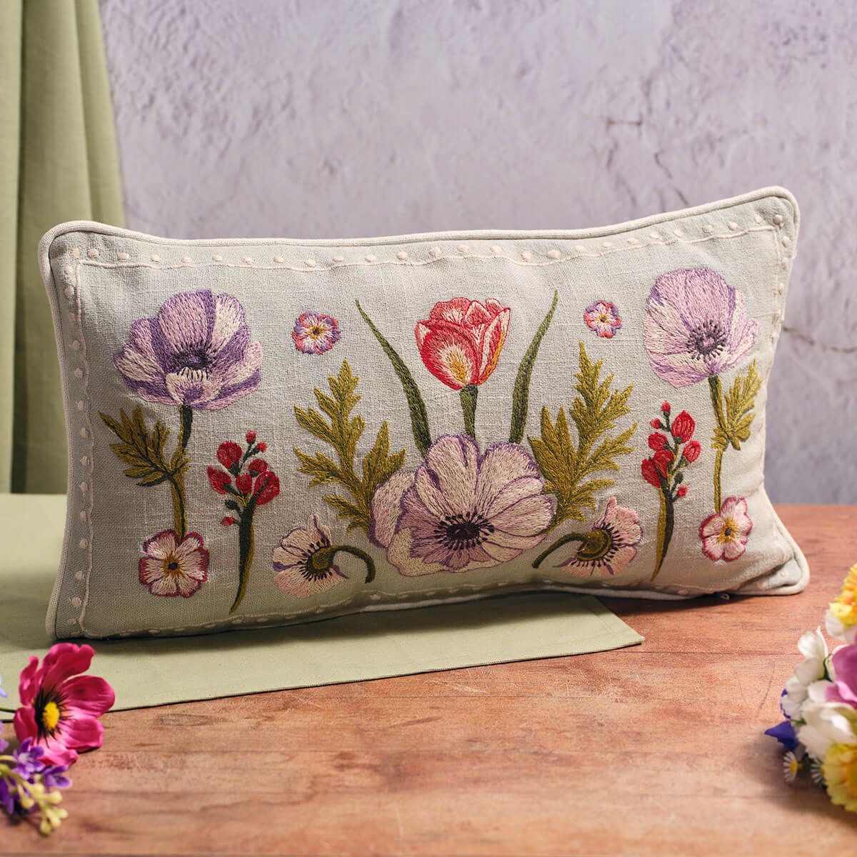 Floral Serenade 100% Cotton Mixed Flowers Embroidered Rectangular Cushion Josefina Online