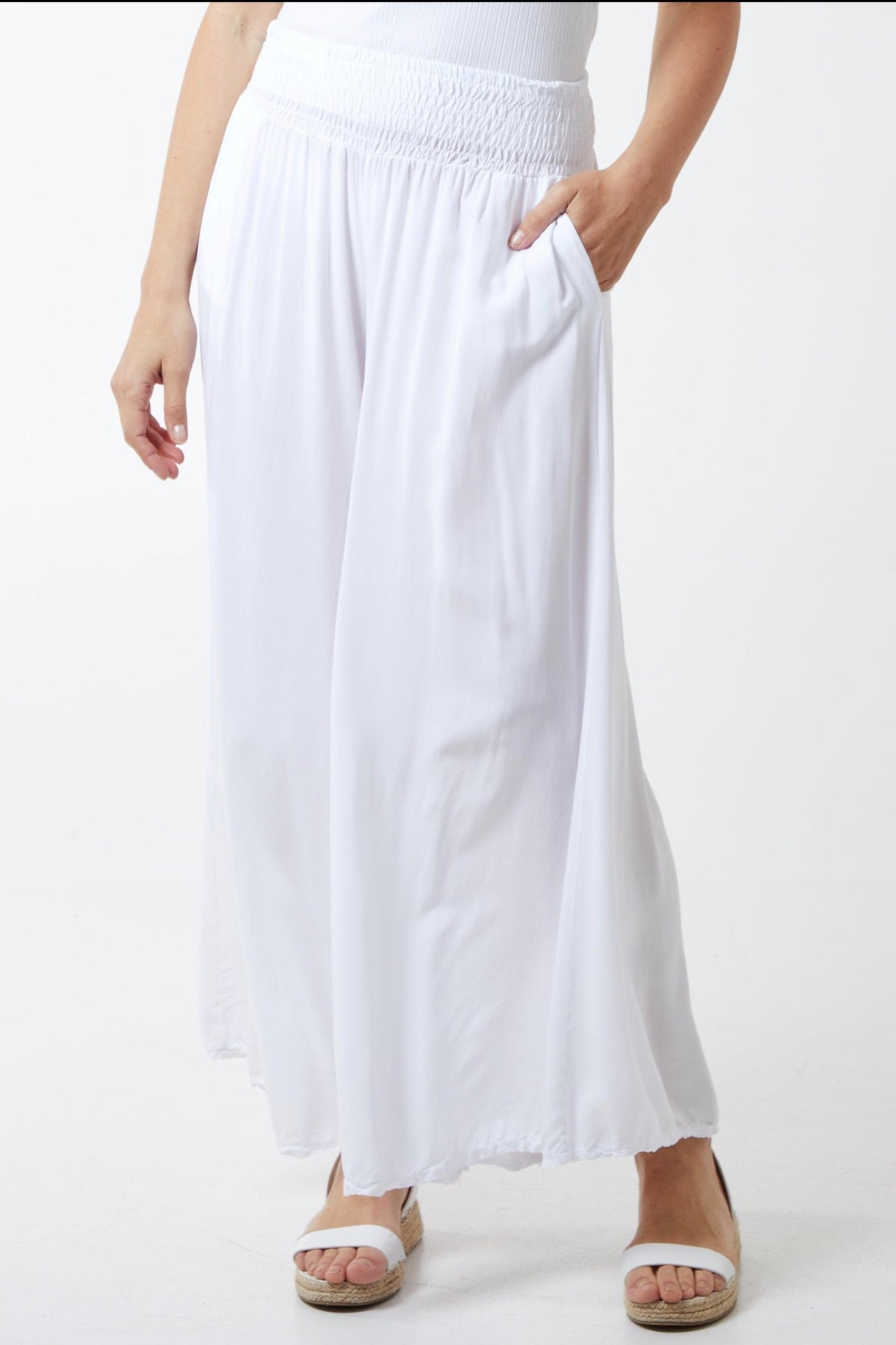 White deep shirred waist band, Wide leg trousers Josefina Online