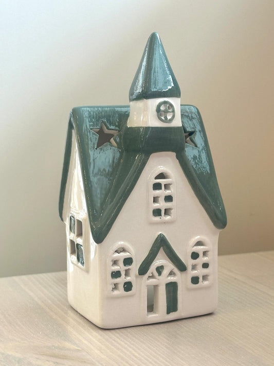 Green & White Ceramic T Light House