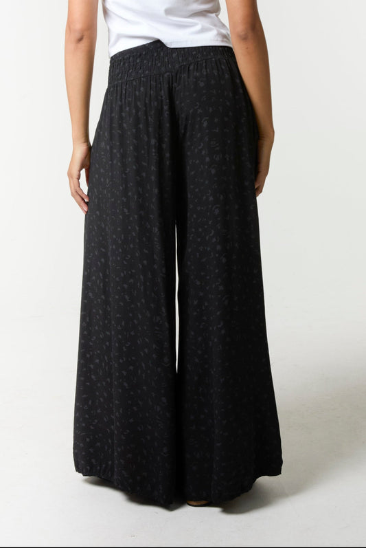 Black Leopard Print shirred waist, Wide leg trousers Josefina Online