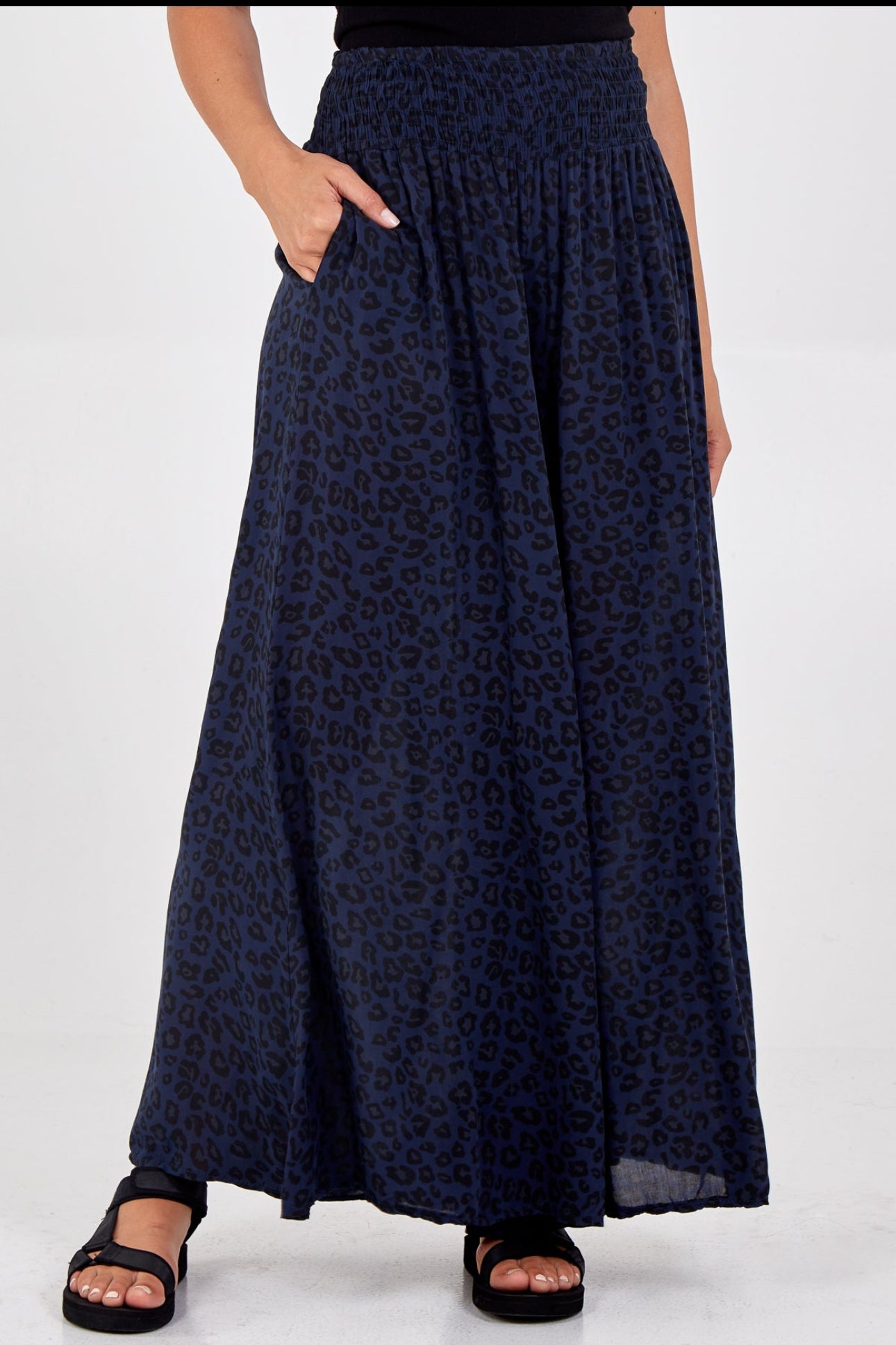 Navy Leopard Print shirred waist, Wide leg trousers Josefina Online