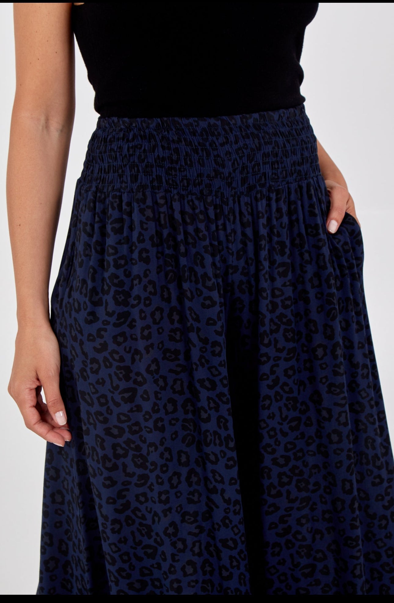 Navy Leopard Print shirred waist, Wide leg trousers Josefina Online