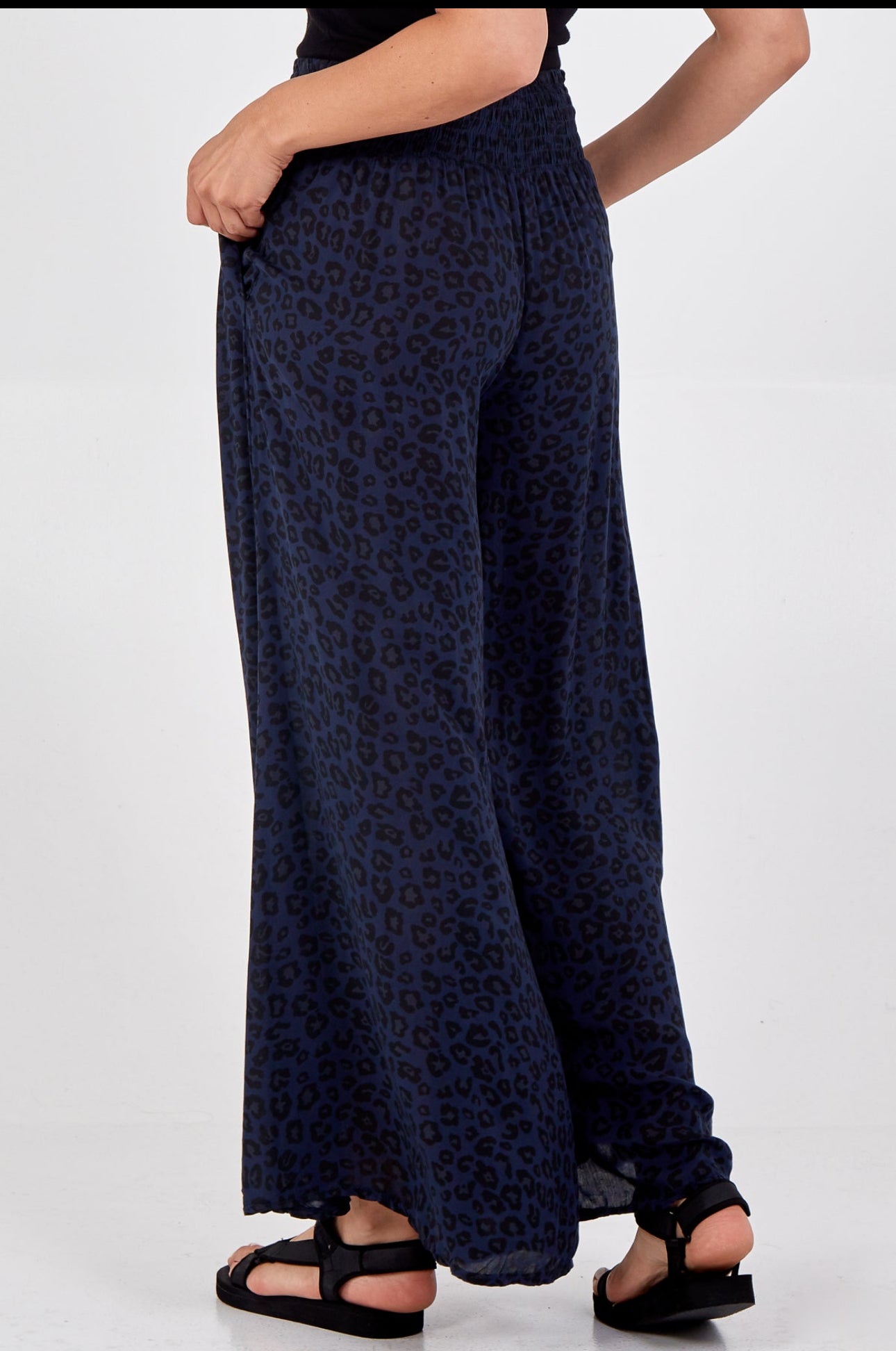 Navy Leopard Print shirred waist, Wide leg trousers Josefina Online