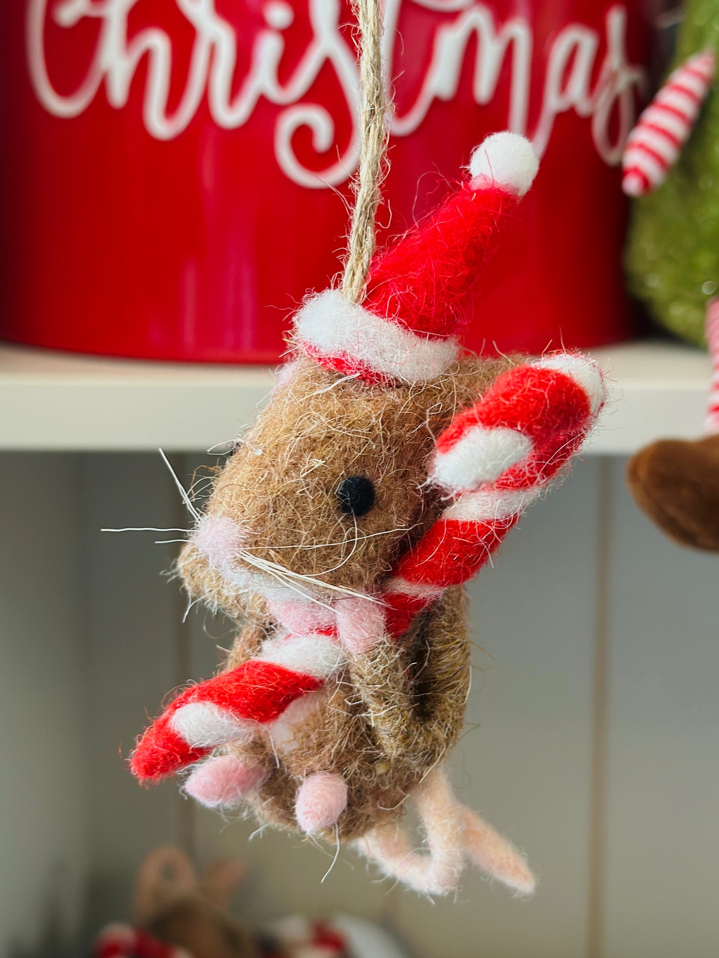 Mixed Wool Mouse with Candy Cane Tree Decoration christmas