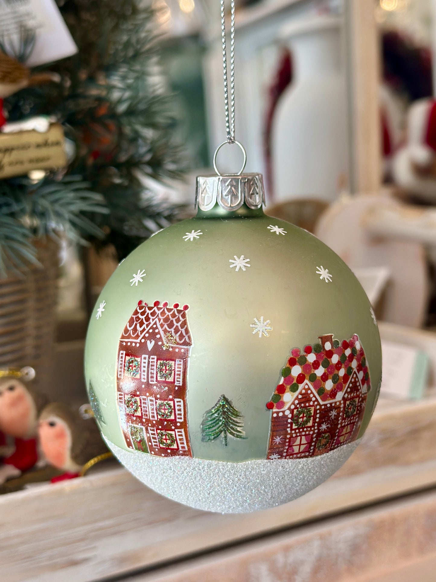 Matt Pale Green Glass Bauble - Gingerbread House christmas