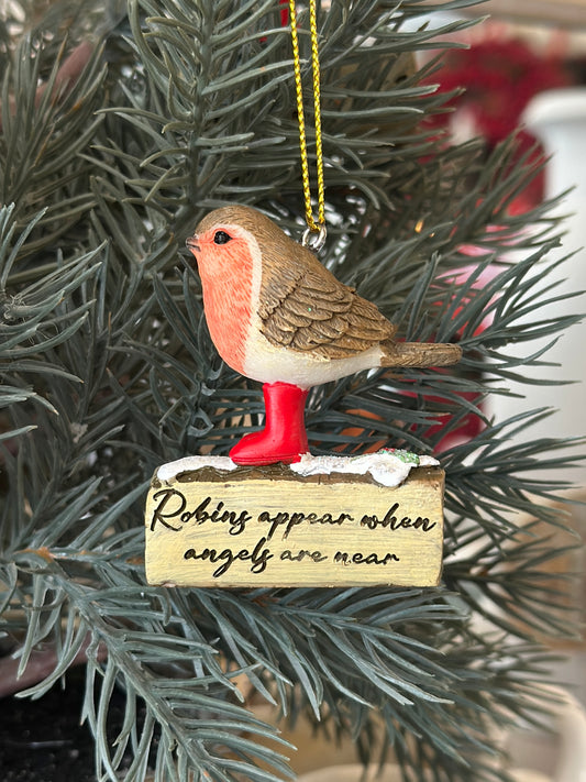 Christmas Robin on Log Tree Decoration