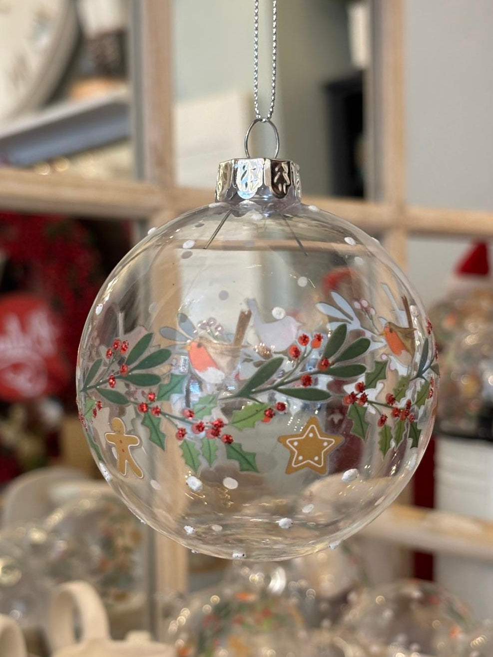 Clear Robin & Holly Wreath Glass Bauble christmas