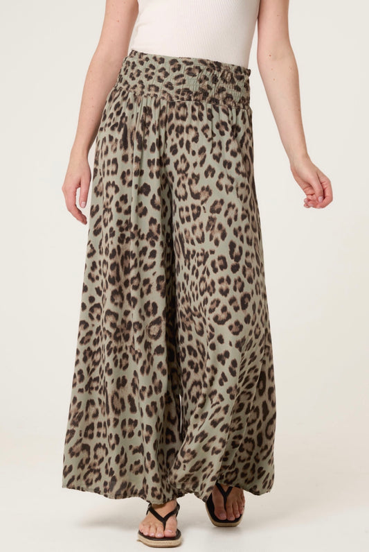 Wide Legged Trousers - Green Leopard Print