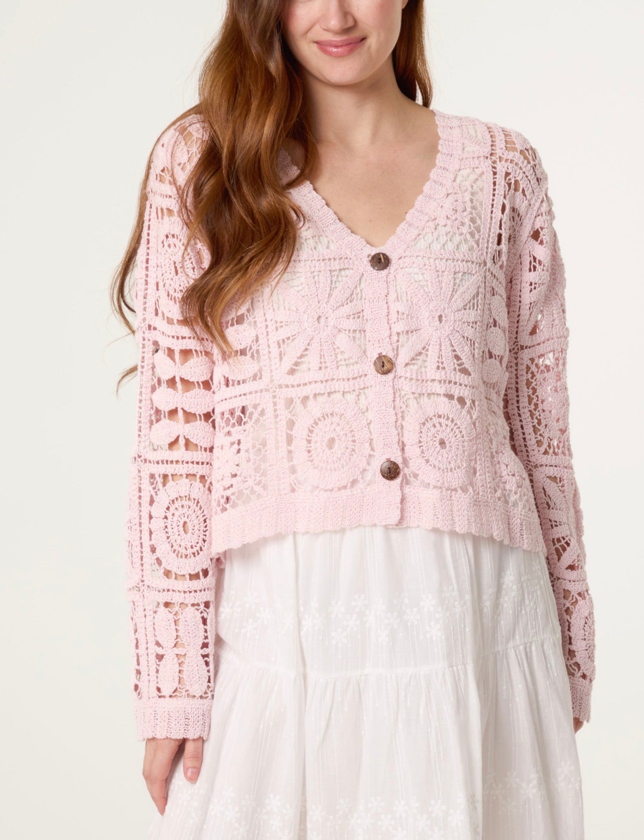 Patchwork Design Pink Crochet Cardigan