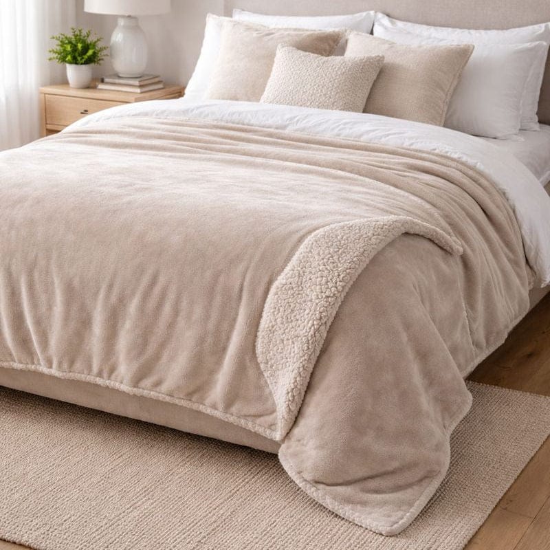 Beige comforter on a bed in a bedroom setting