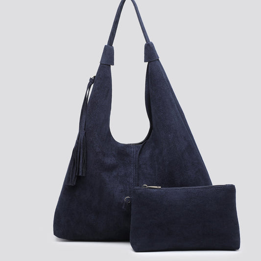 Soft Slouch Suede Bag with Matching Clutch - Navy