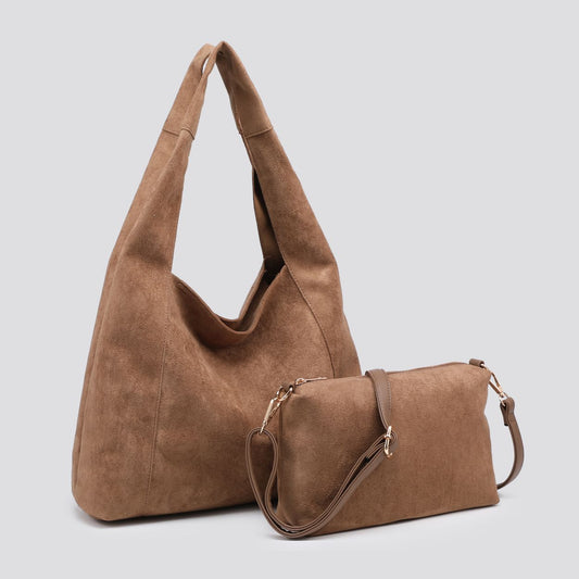 Soft Hobo Vegan Suede Bag with Matching Clutch - Sand