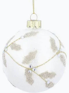 Silver Frosted Glass Ball with Gold Beaded Holly