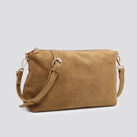 Soft Suedette Clutch Bag with Cross Body Strap - Tan