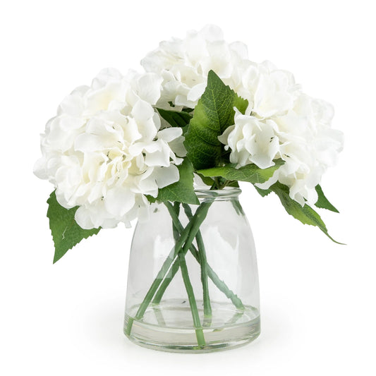 White Hydrangeas in Glass Vase 27cm
