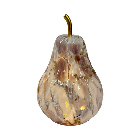 Decorative pear-shaped lamp with a gold stem on a white background
